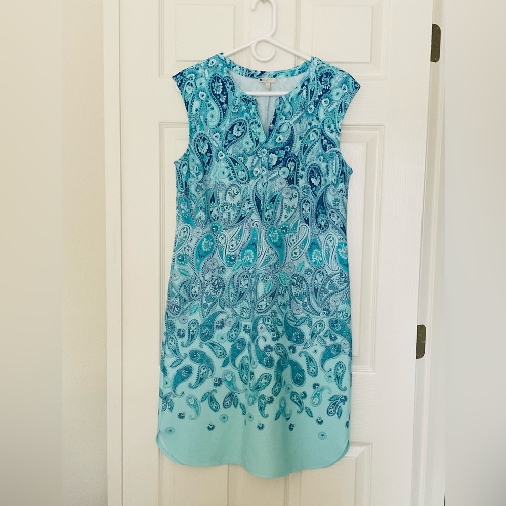 Talbots Dress Sleeveless Aqua Blue Paisley Soft Stretch Womens Small